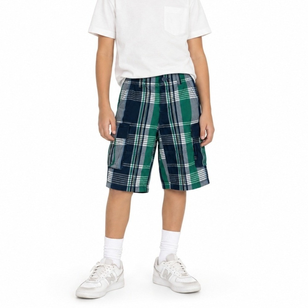 NWT Gap Kids Plaid Cargo Shorts Green Navy Blue Multi-Pocket Utility Size 10